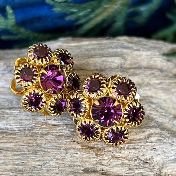 Gold Purple Floral Swarovski Crystals Statement Earrings - Picture 8 of 9